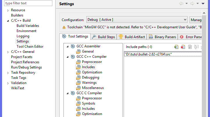 Include directory settings in Eclipse